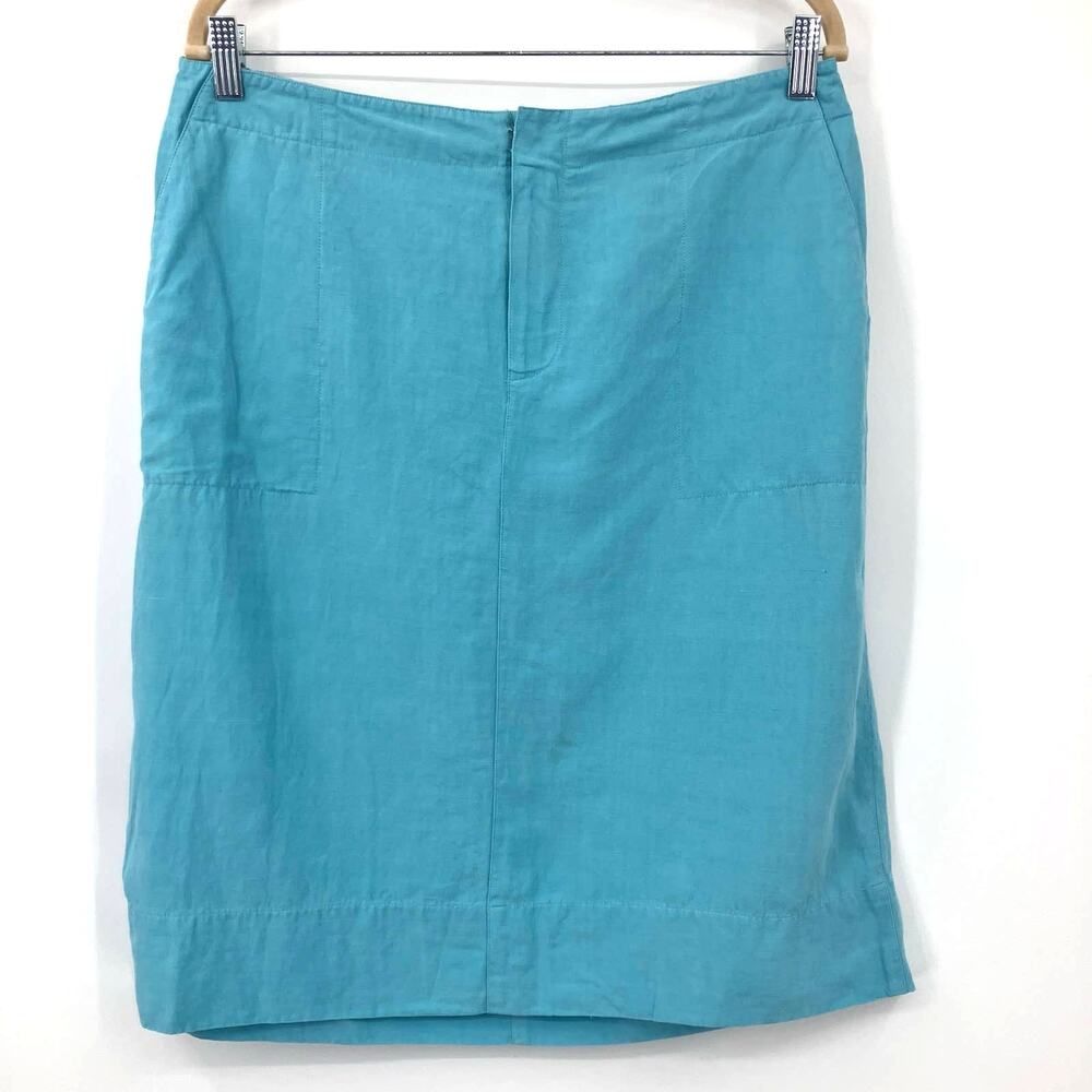 Vintage Easy Spirit Blue Silk Linen Blend Zip Lightweight Pockets Pencil Skirt